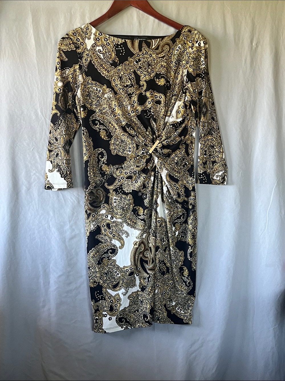 Black & Gold Paisley Knot-Front Long Sleeve Dress